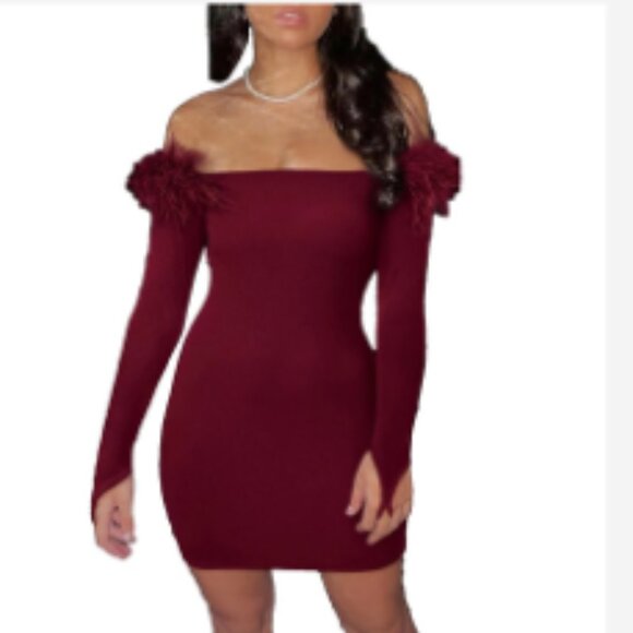 Mini Dress Off Shoulder Rib Knit Women Sz XL Orange Feather Accent Bodycon Sexy - Picture 3 of 3
